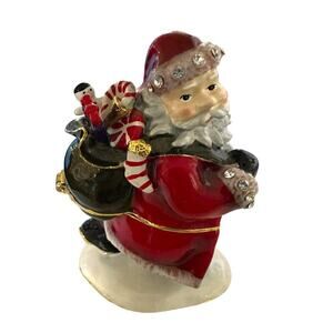 Jingle Bell Walking SANTA Trinket Box Enamel Hinged Magnetic Jeweled Presents